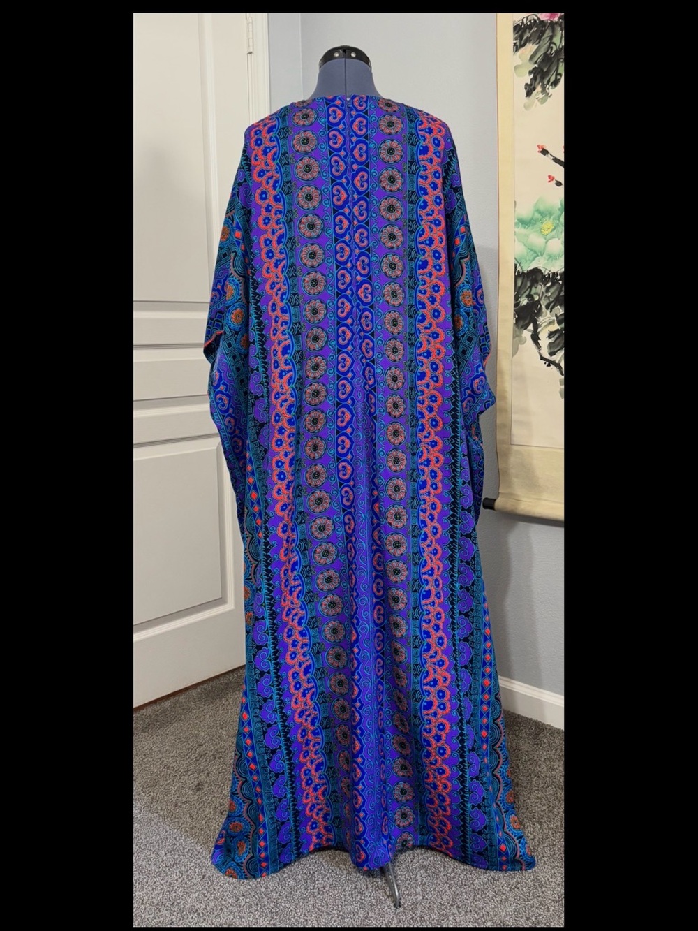 Vintage Psychedelic Neon Caftan V-Neck Maxi Dress - Picture 3 of 9